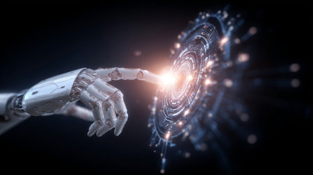 metallic robotic hand activating a glowing network hub with holographic production data streaming from fingers. Generative AIの素材