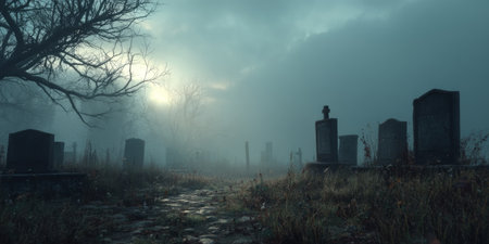 cemetery with leaning tombstones, dead trees and a ghostly fog floating in the air. Generative AIの素材