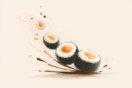 Sushi rolls fly with drops of soy sauce. Generative AIの素材