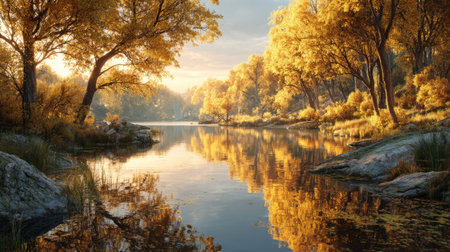 Serene autumn lake reflecting golden foliage and soft light. Generative AIの素材
