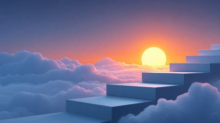 Sunrise over a symbolic staircase made of books leading up to a school, representing the journey of learning. Generative AIの素材