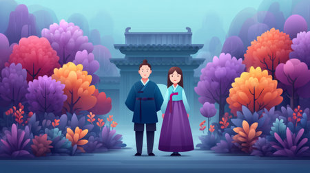 stylish couple in contemporary hanbok standing in front of a traditional gate. Generative AIの素材
