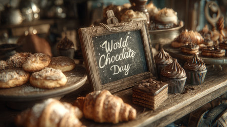 Vintage bakery scene with chocolate pastries, cupcakes, and handwritten World Chocolate Day. Generative AIの素材