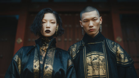stylish couple in contemporary hanbok standing in front of a traditional gate. Generative AIの素材