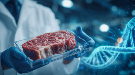 scientist in a white coat inspecting a slice of lab-grown meat on a glass tray, modern laboratory background. Generative AIの素材