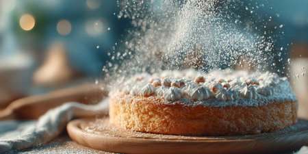 Powdered sugar drifting in soft motion over a cake in a dreamy kitchen. Generative AIの素材