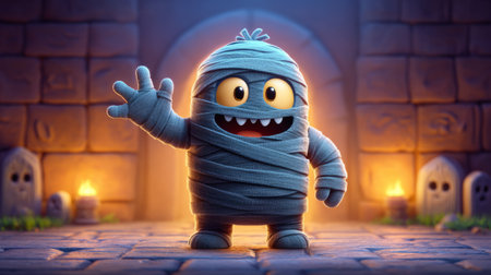 Smiling mummy character waving from a friendly tomb with hieroglyphics on the wall. Generative AIの素材