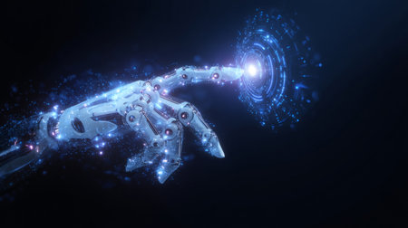 metallic robotic hand activating a glowing network hub with holographic production data streaming from fingers. Generative AIの素材