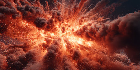Powerful explosion effect at nighttime, vivid flames illuminating darkness. Generative AIの素材