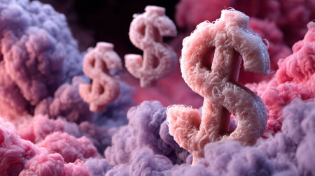 Fantasy-inspired dollar symbols made of fluffy, textured material float in a dreamy. Generative AIの素材