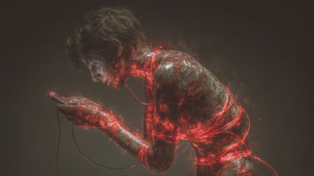 symbolic addiction metaphor, glowing red cord wrapped around persons body. Generative AIの素材