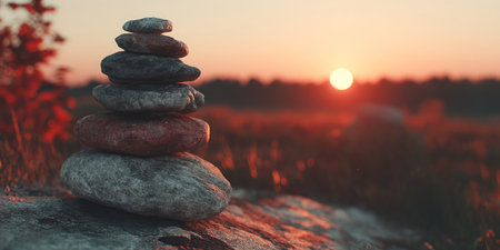 warm autumn sunset shines softly over the zen stones. Generative AIの素材