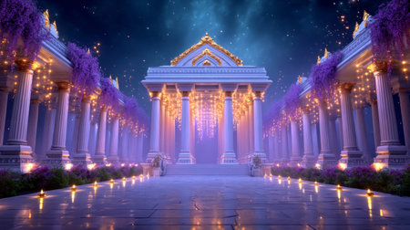 Temple view during Janmashtami night with hundreds of diyas, flower garlands. Generative AIの素材