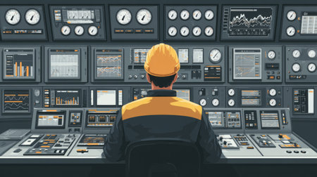 Worker monitoring pressure gauges and digital displays in a control room. Generative AIの素材