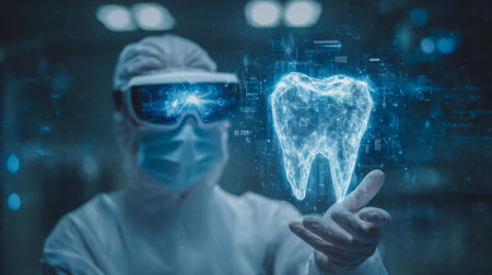 futuristic dental practice, dentist viewing 3D tooth model in augmented reality overlay. Generative AIの素材