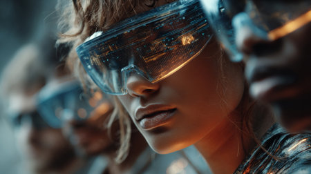 Crowds of people wearing high-tech augmented reality glasses in a futuristic urban environment, immersed in digital interfaces and data overlays. Generative AIの素材