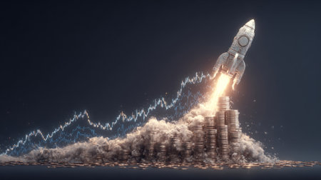 rocket made of stacked money and coins blasting upward leaving behind trail of profit charts. Generativeの素材