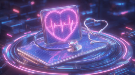 Digital Healthcare Monitoring with Tablet and Stethoscope. Generativeの素材