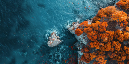 Aerial view of a coastal area where the autumn leaves meet the sea, blending orange foliage with blue waters. Generative AIの素材