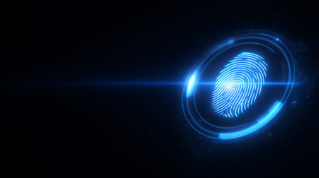 glowing fingerprint scanning interface with security confirmation and soft blue glow. Generative AIの素材