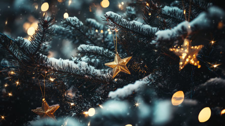 Flat lay of a Happy New Year winter scene with gold stars, snow-dusted pine branches, and twinkling fairy lights. Generative AIの素材