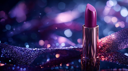 Luxurious lipstick on a sparkling fabric background, glamorous and sophisticated beauty aesthetics. Generative AIの素材