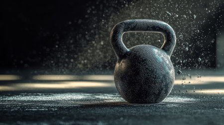 Close-up of a kettlebell with chalk dust in the air, gym setting. Generative AIの素材