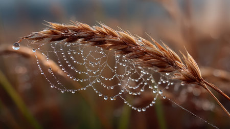 tiny dewdrops hanging like pearls on delicate spider silk, grass softly blurred in background. Generative AIの素材