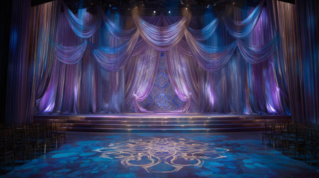 Patterned fabric backdrop with vertical pleats in a runway setting. Generativeの素材