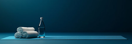 Yoga mat with water bottle and towel, minimalist fitness background. Generative AIの素材