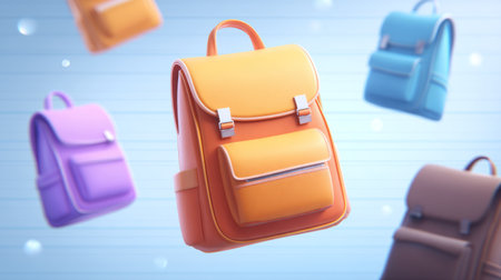 Beautiful school backpacks flying on pastel background. Generative AIの素材