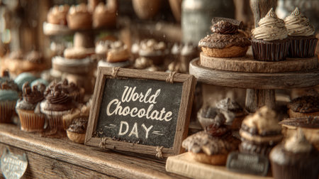 Vintage bakery scene with chocolate pastries, cupcakes, and handwritten World Chocolate Day. Generative AIの素材
