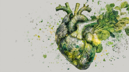 heart made of vegetables and herbs floating in white space with green particles. Generative AIの素材