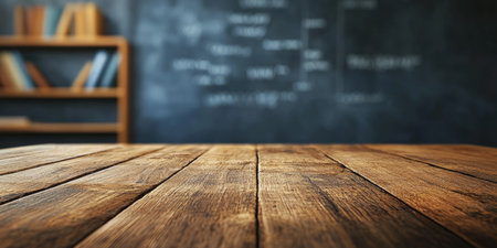 close-up of a rustic wooden table in a warm, inviting classroom with bookshelves, a chalkboard, and natural lighting in the background. Generative AIの素材