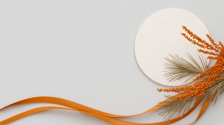 symbolic Chuseok elements: full moon, rice stalks, pine needles, and hanbok ribbon. Generative AIの素材