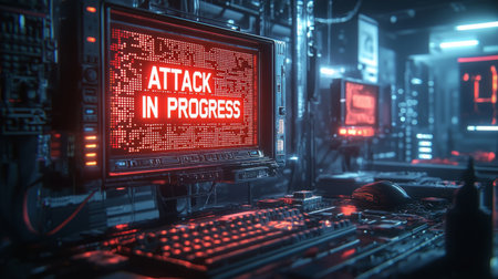 hacked computer system with a bold warning message ATTACK IN PROGRESS on the screen. Generative AIの素材