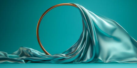 flowing stream of iridescent satin, weaving around a bronze circle, on a muted teal background. Generative AIの素材