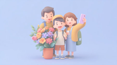Happy family taking a photo on their childs first day of school. Generative AIの素材
