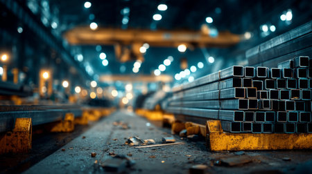 warehouse containing long metal pipes and rectangular steel tubes. Generative AIの素材