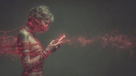 symbolic addiction metaphor, glowing red cord wrapped around persons body. Generative AIの素材