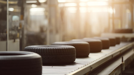 Automated Tire Manufacturing on Industrial Conveyor Belts. Generative AIの素材