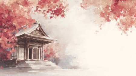 Japanese traditional shrine, autumn leaves gently falling nearby. Generative AIの素材
