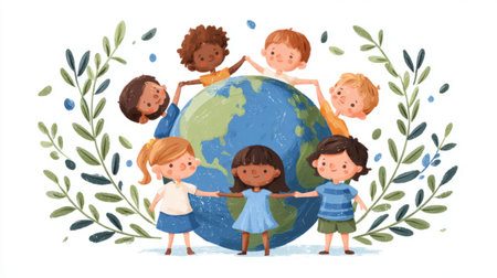 children of different cultures holding hands around a globe surrounded by olive branches. Generative AIの素材