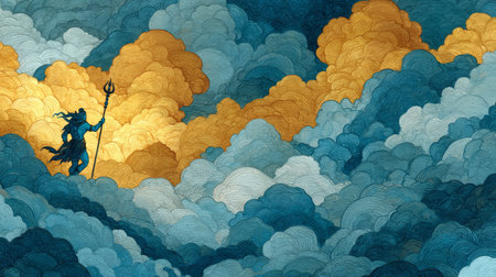 King Mahabali rising from the underworld to visit his people, divine golden light and clouds. Generative AIの素材