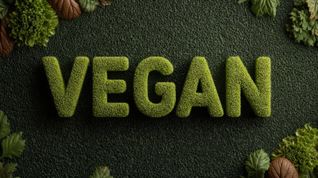 The word Vegan, with its vibrant green tropical leaves, promotes a plant-based lifestyle and sustainable development. Generative AIの素材