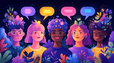 smiling characters with thought bubbles. Generative AIの素材