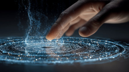 Hand interacting with glowing circular data UI. Generative AIの素材