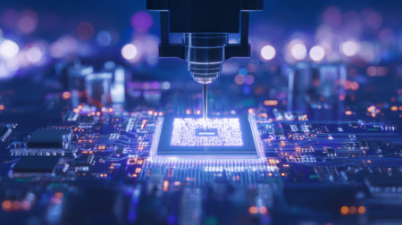 precision electronic board assembly by micro-soldering robot arm. Generative AIの素材