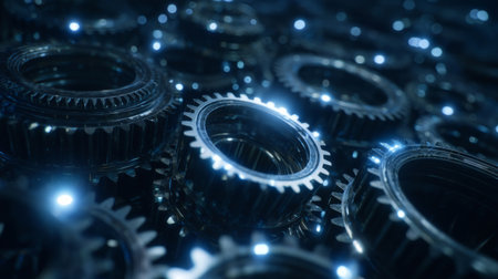 Futuristic close-up of metal gears and cogs. Generative AIの素材