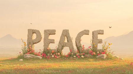 meadow with giant carved word PEACE made of stone and flowers. Generative AIの素材